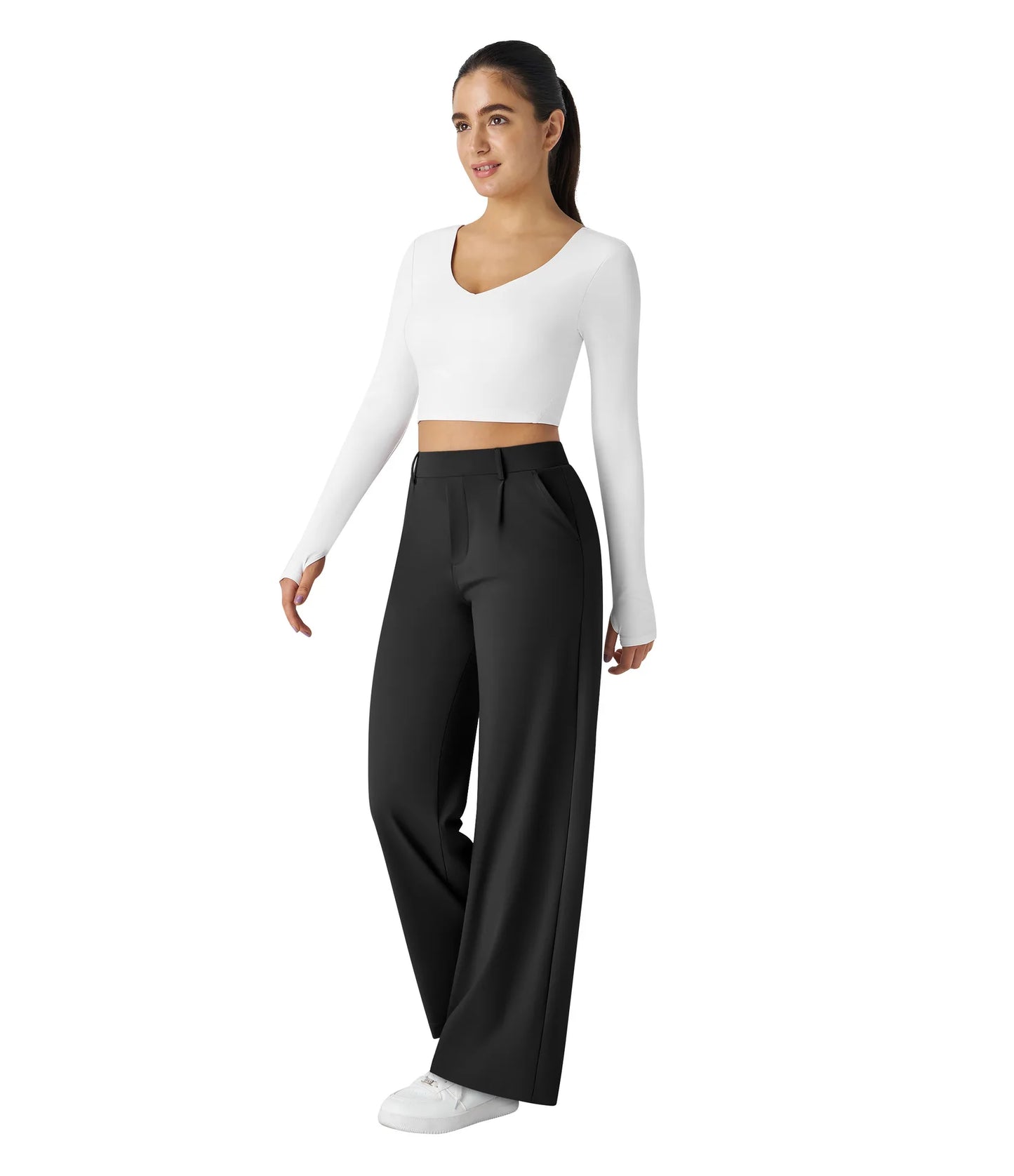 Flex High Waisted Work Pants Plicated Side Pockets Straight Leg Cargo Business Pants Straight-Leg Cut Breathable Versatile Wear