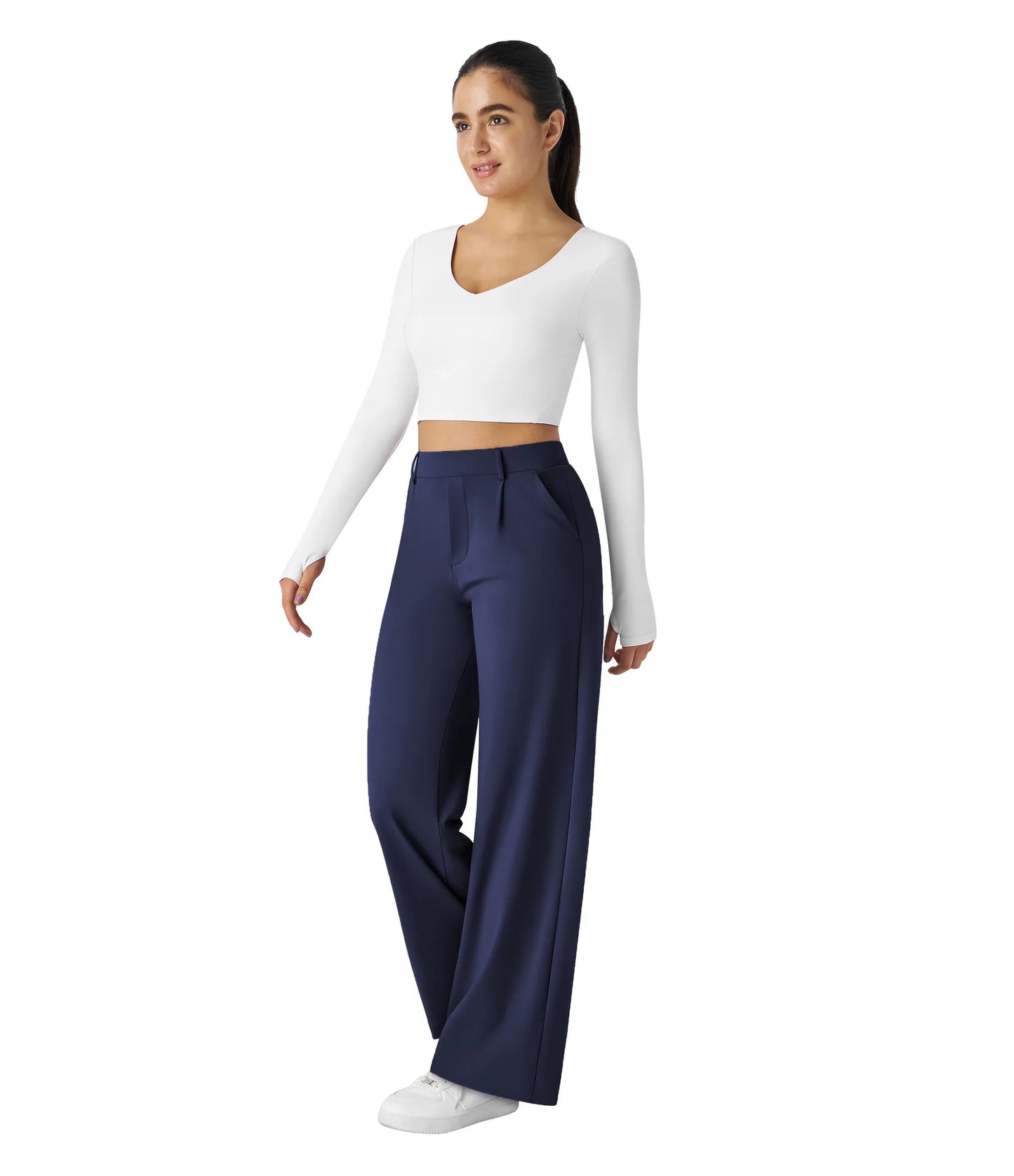 Flex High Waisted Work Pants Plicated Side Pockets Straight Leg Cargo Business Pants Straight-Leg Cut Breathable Versatile Wear