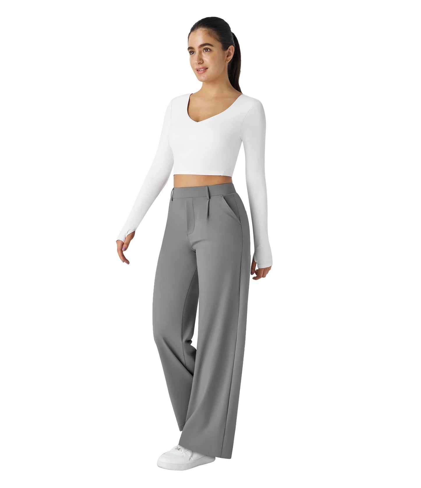 Flex High Waisted Work Pants Plicated Side Pockets Straight Leg Cargo Business Pants Straight-Leg Cut Breathable Versatile Wear