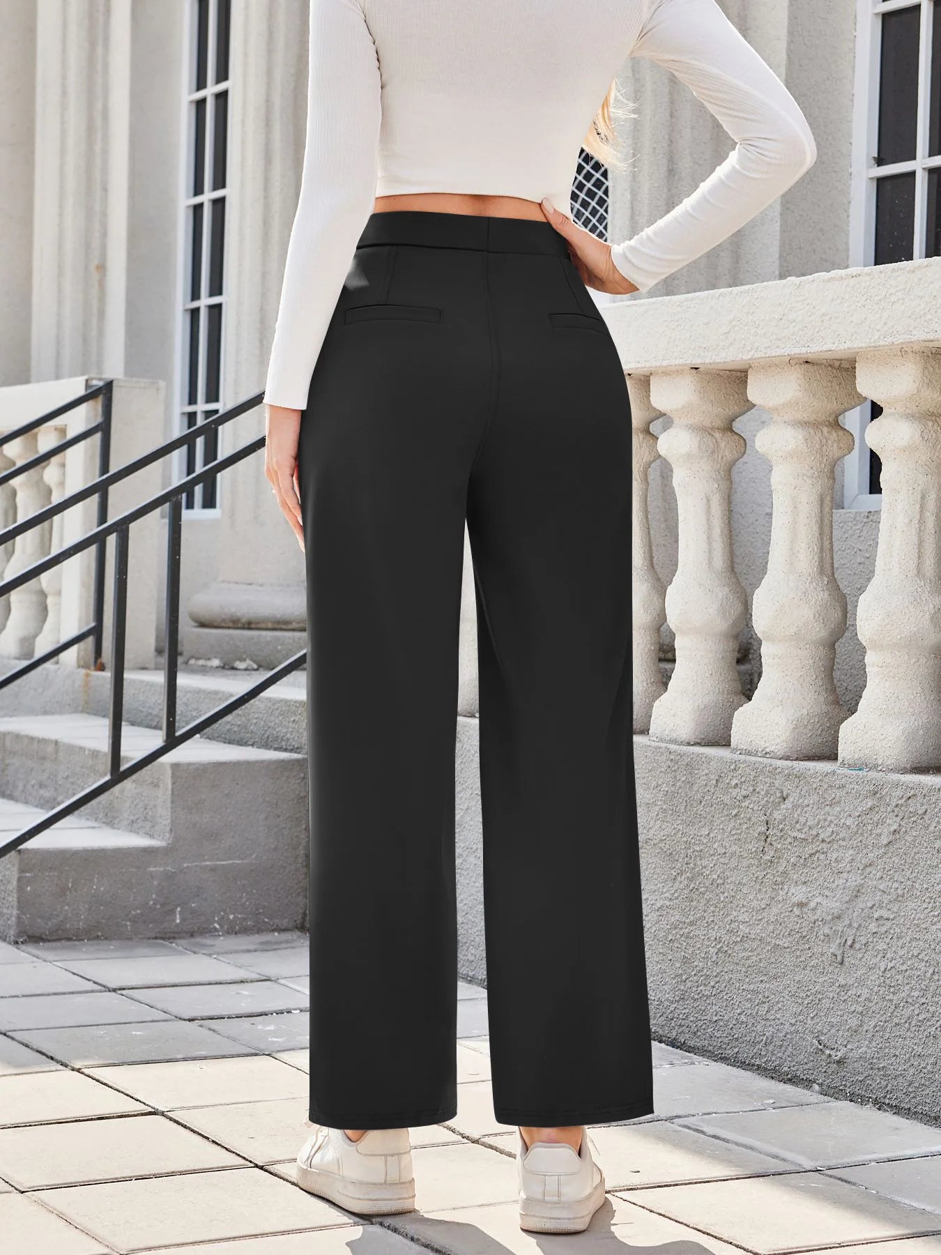 Flex High Waisted Work Pants Plicated Side Pockets Straight Leg Cargo Business Pants Straight-Leg Cut Breathable Versatile Wear