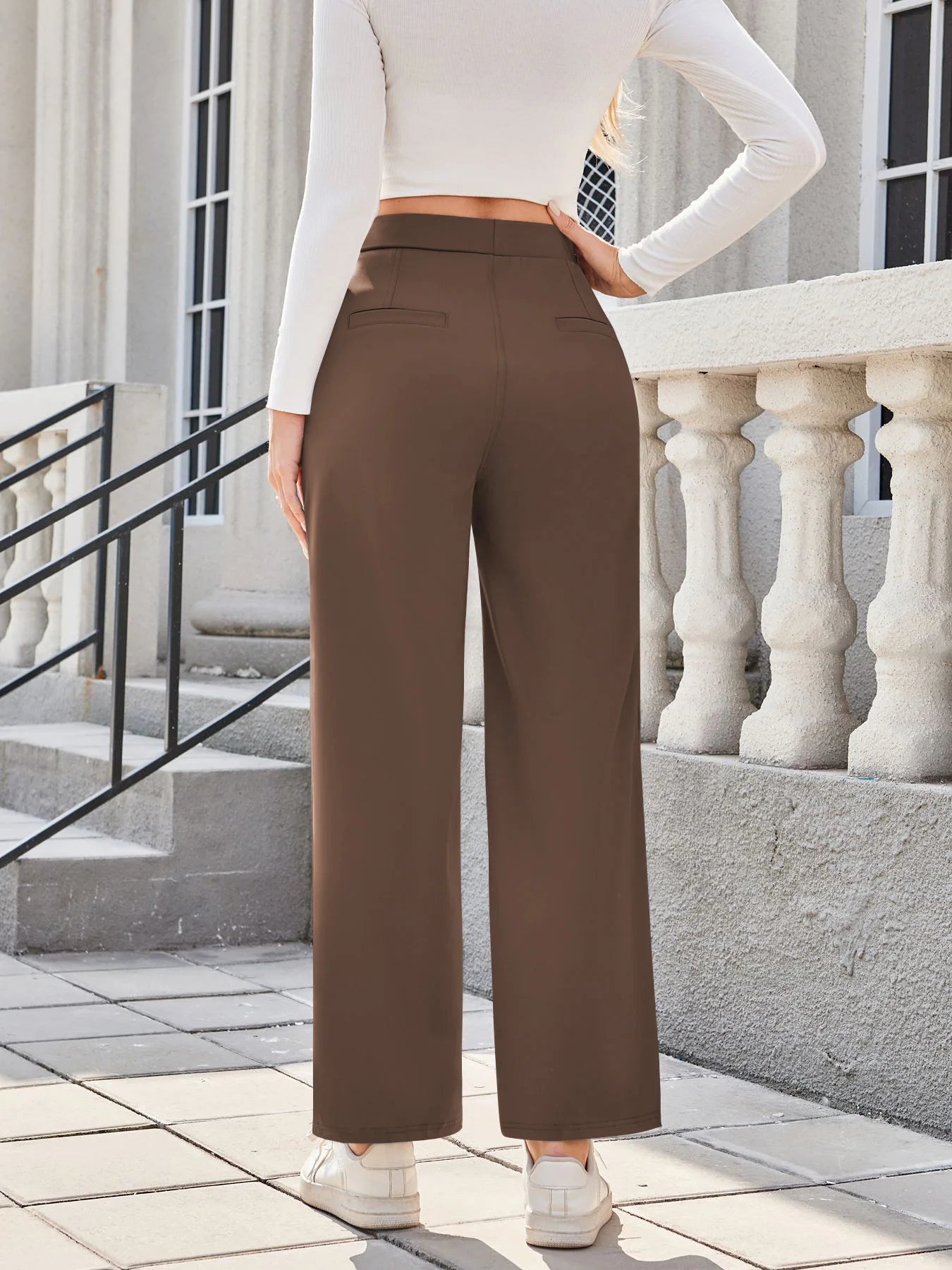 Flex High Waisted Work Pants Plicated Side Pockets Straight Leg Cargo Business Pants Straight-Leg Cut Breathable Versatile Wear
