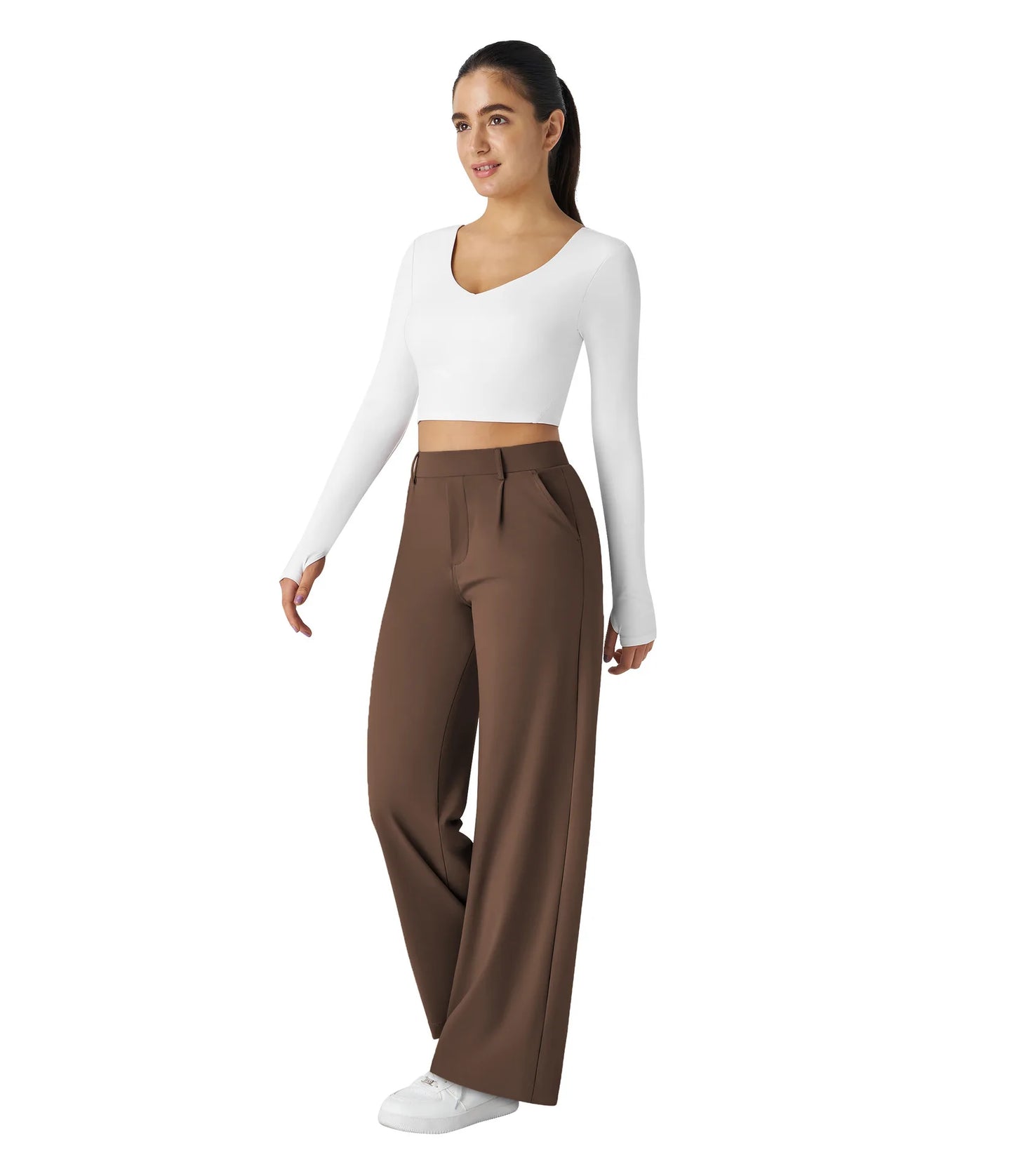 Flex High Waisted Work Pants Plicated Side Pockets Straight Leg Cargo Business Pants Straight-Leg Cut Breathable Versatile Wear