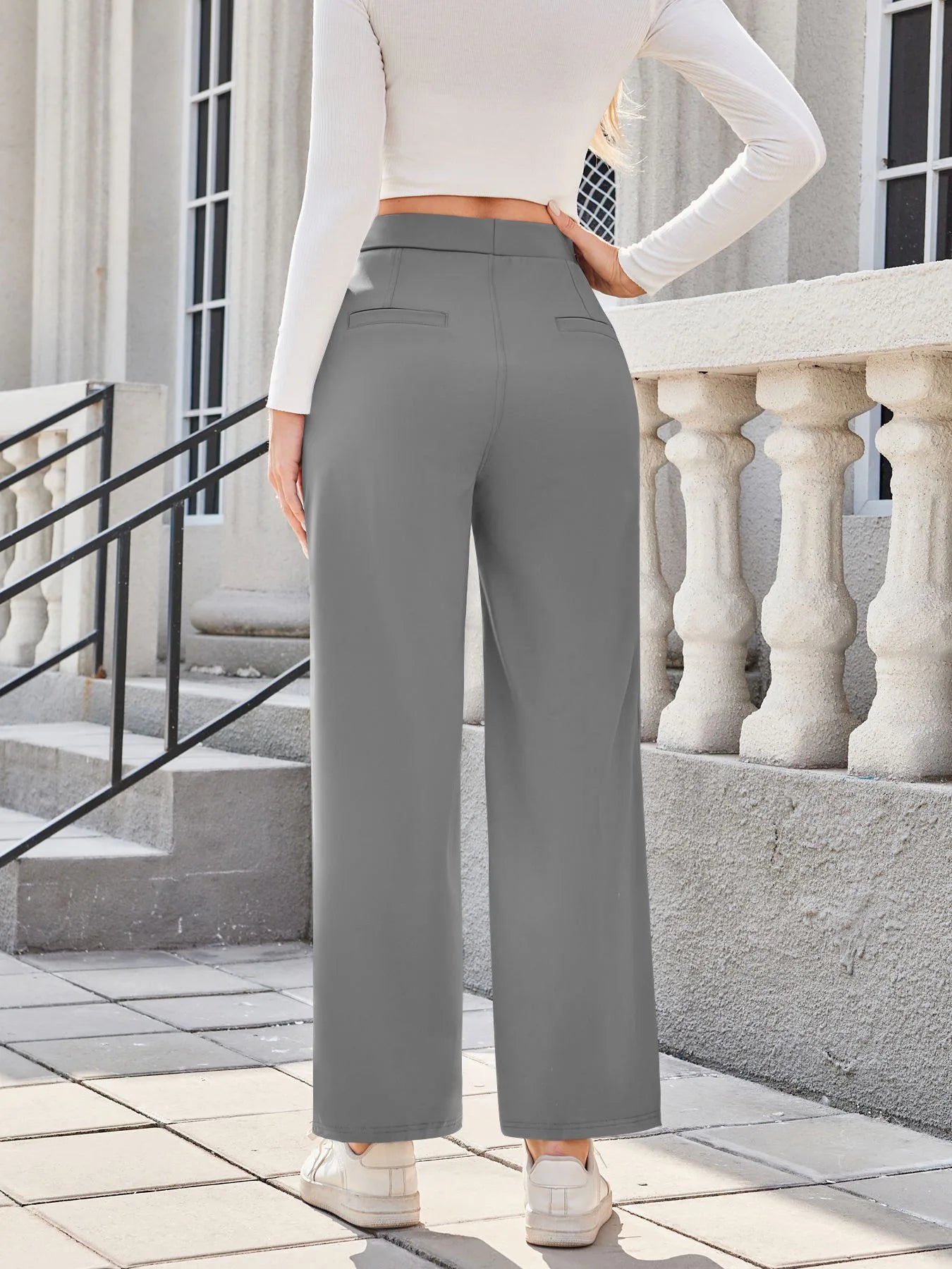 Flex High Waisted Work Pants Plicated Side Pockets Straight Leg Cargo Business Pants Straight-Leg Cut Breathable Versatile Wear